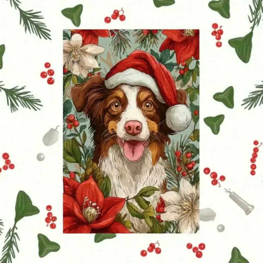 Christmas Brown Border Collie Garden Flag 12x18 – Santa Hat Dog Holiday Outdoor